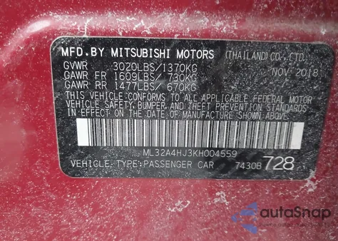 2019 Mitsubishi Mirage Se из США, поврежденный, VIN ML32A4HJ3KH004559